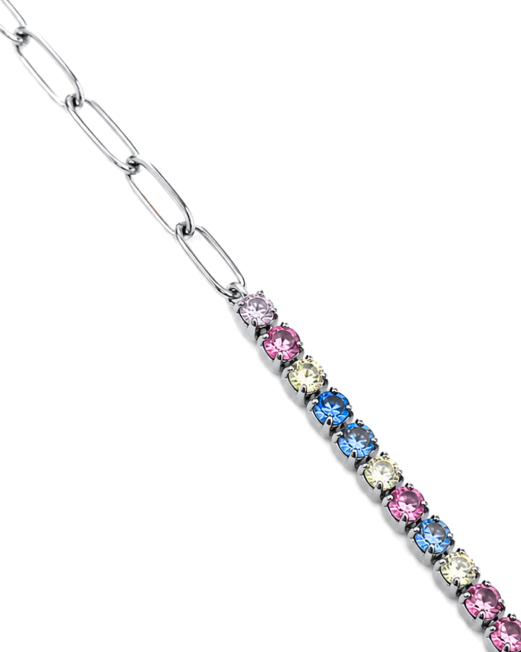 Mika Bracelet – detaliu brățară argintie half paperclip half tennis cu zirconia multicolor | Sanni